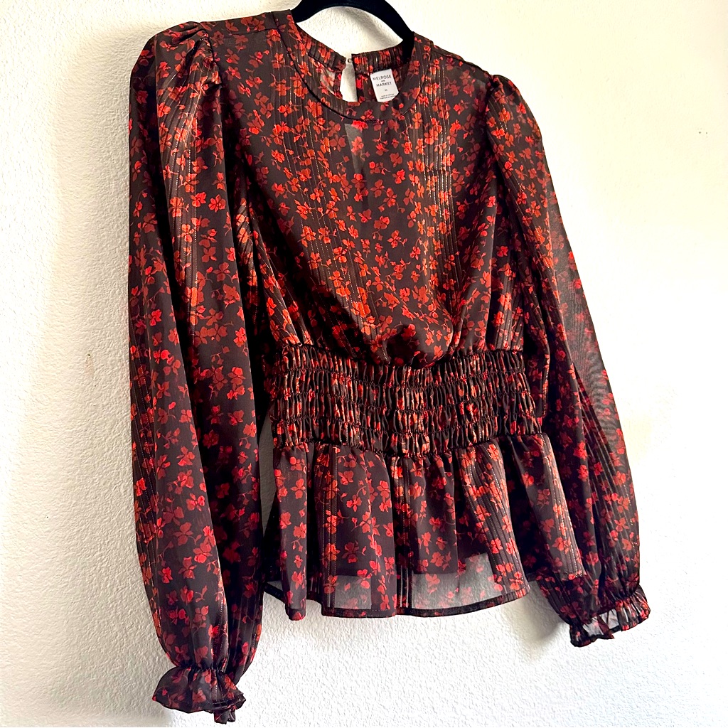 Melrose And Market, Black And Red Floral Smocked Ruffled Blouse